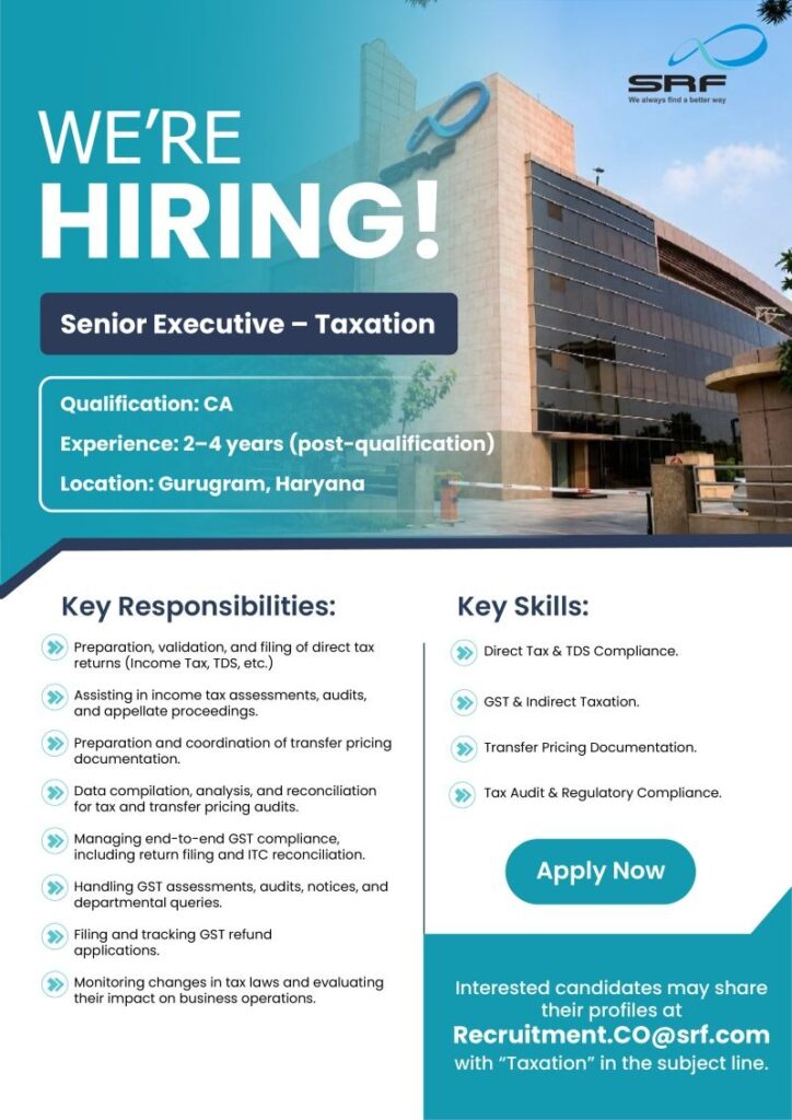 Senior Executive – Taxation Job Opening at SRF Limited | Pharma & Corporate Taxation Careers in India