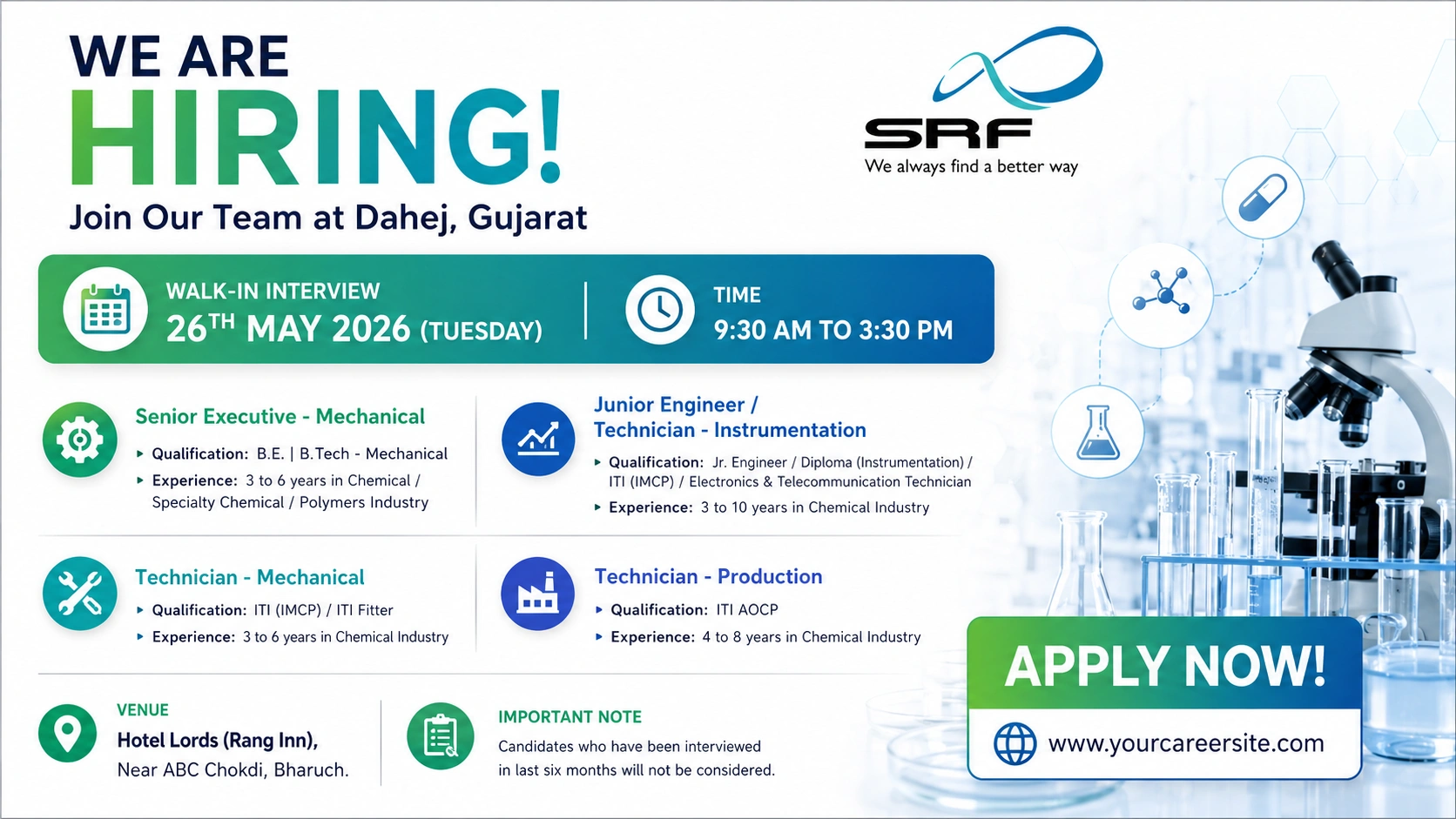 SRF Limited Dahej Walk-In Interview for Mechanical, Instrumentation & Production Roles on 26th May 2026 (Tuesday)