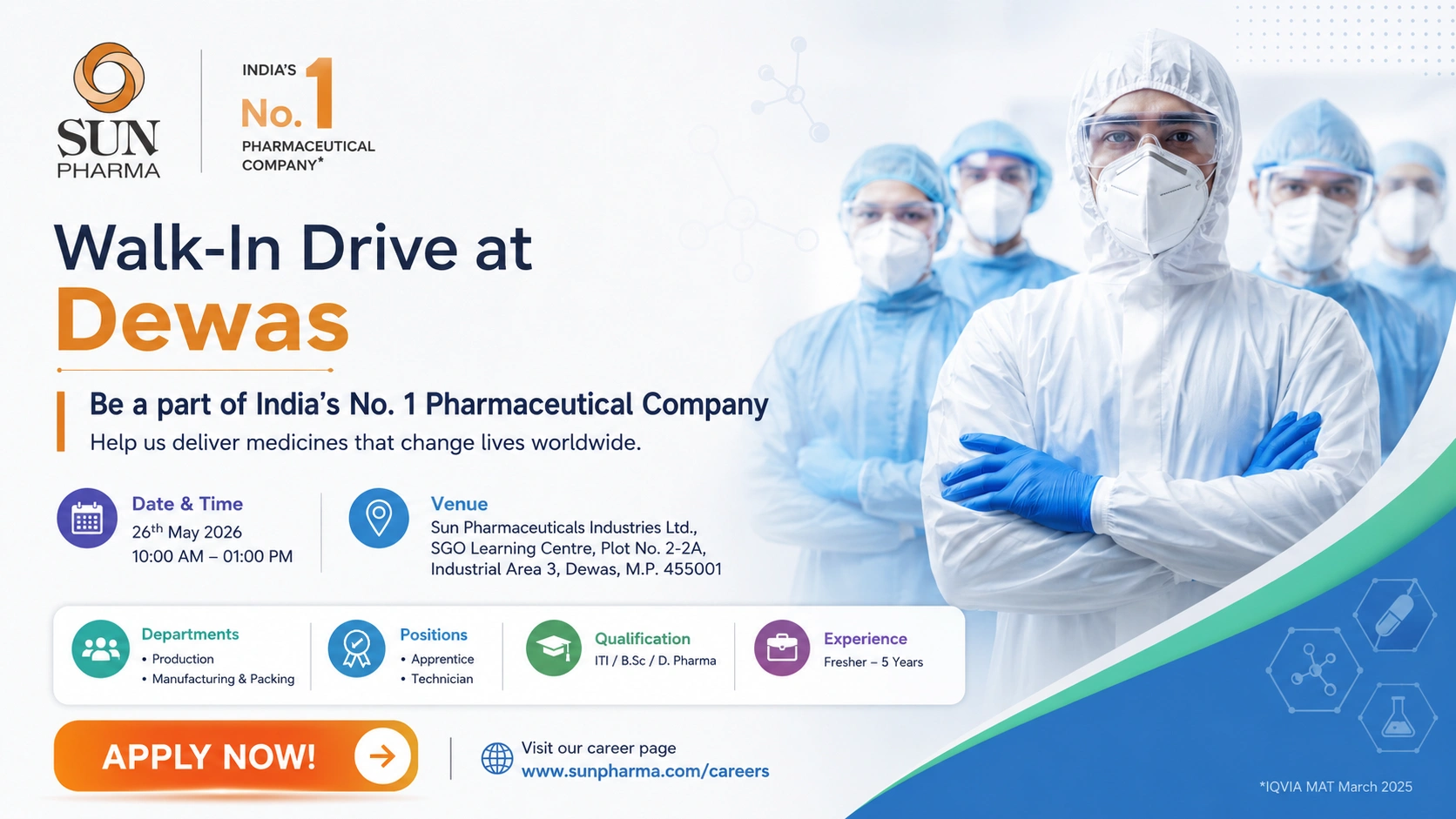 Sun Pharma Walk-In Interview for Production Apprentice and Technician Jobs in Dewas on 26th May 2026