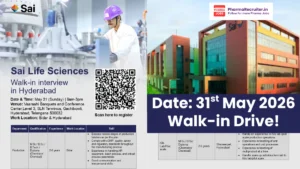 Sai Life Sciences Hiring Production Professionals – Walk-in Interview Hyderabad on 31st May 2026