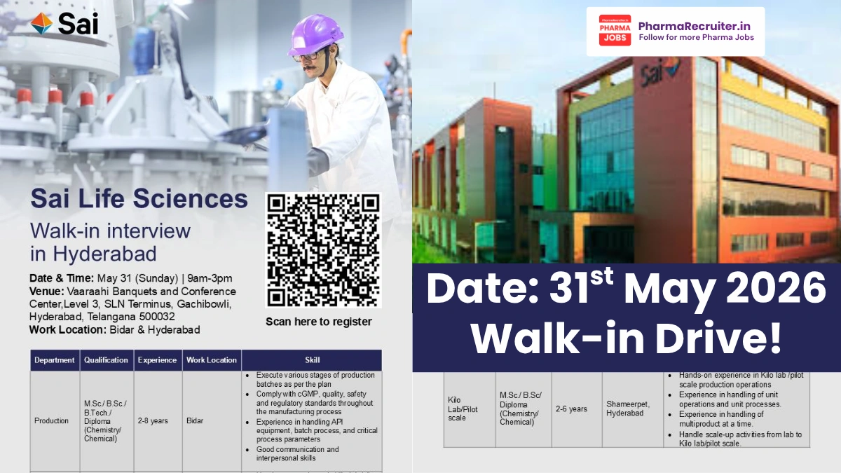 Sai Life Sciences Hiring Production Professionals – Walk-in Interview Hyderabad on 31st May 2026