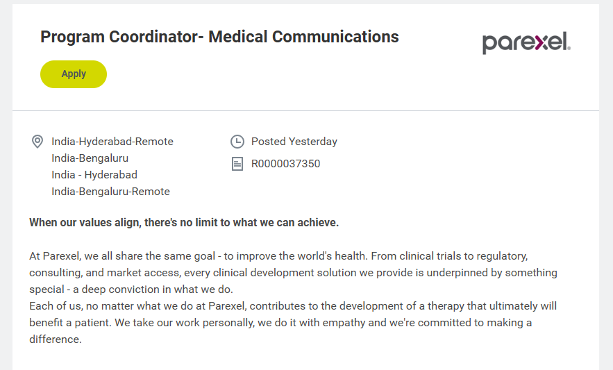 Program Coordinator – Medical Communications Jobs at Parexel | Remote & Bengaluru/Hyderabad Opportunities