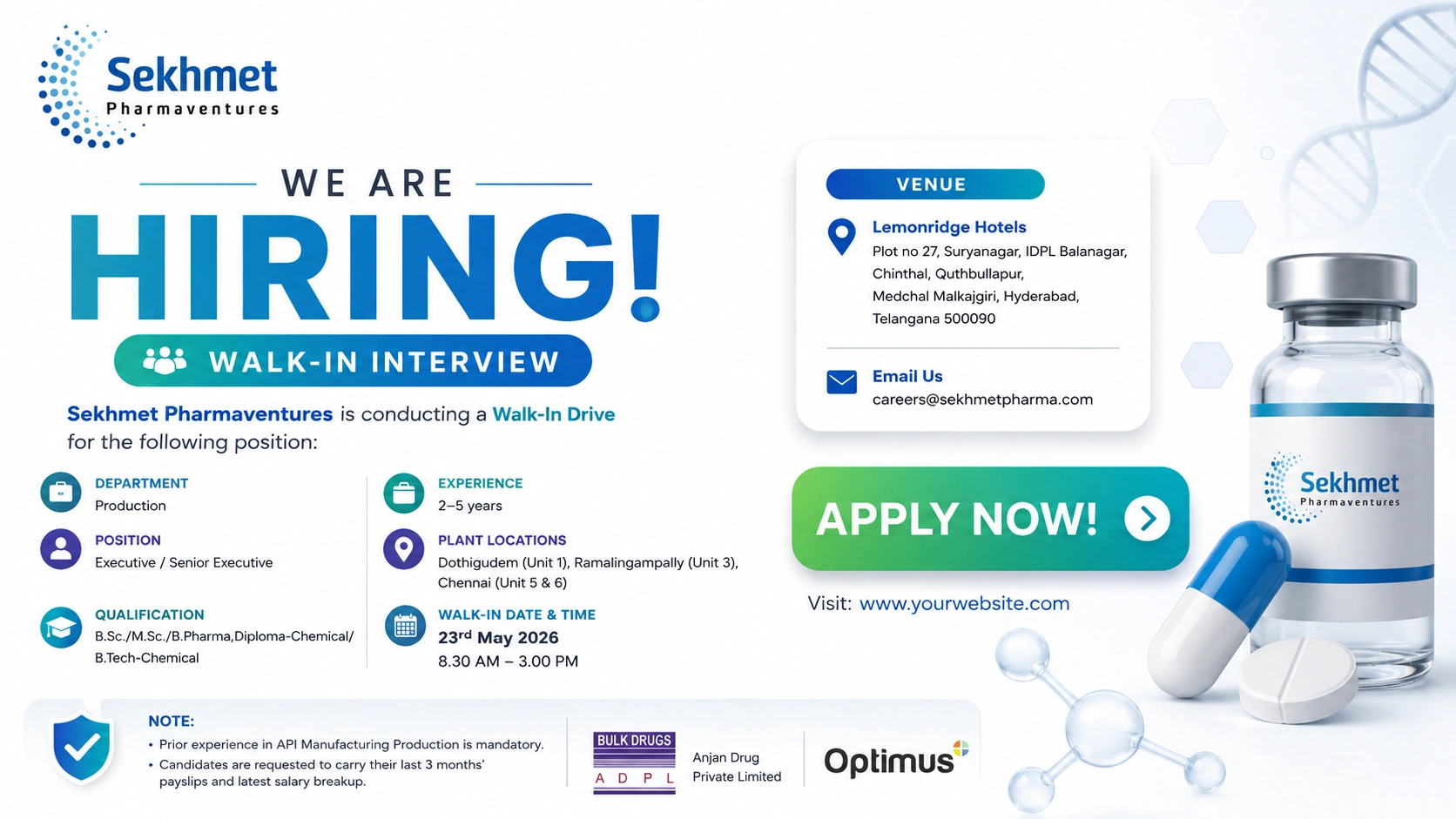 Sekhmet Pharmaventures Walk-In Interview 2026 for Production Executive Jobs in API Manufacturing