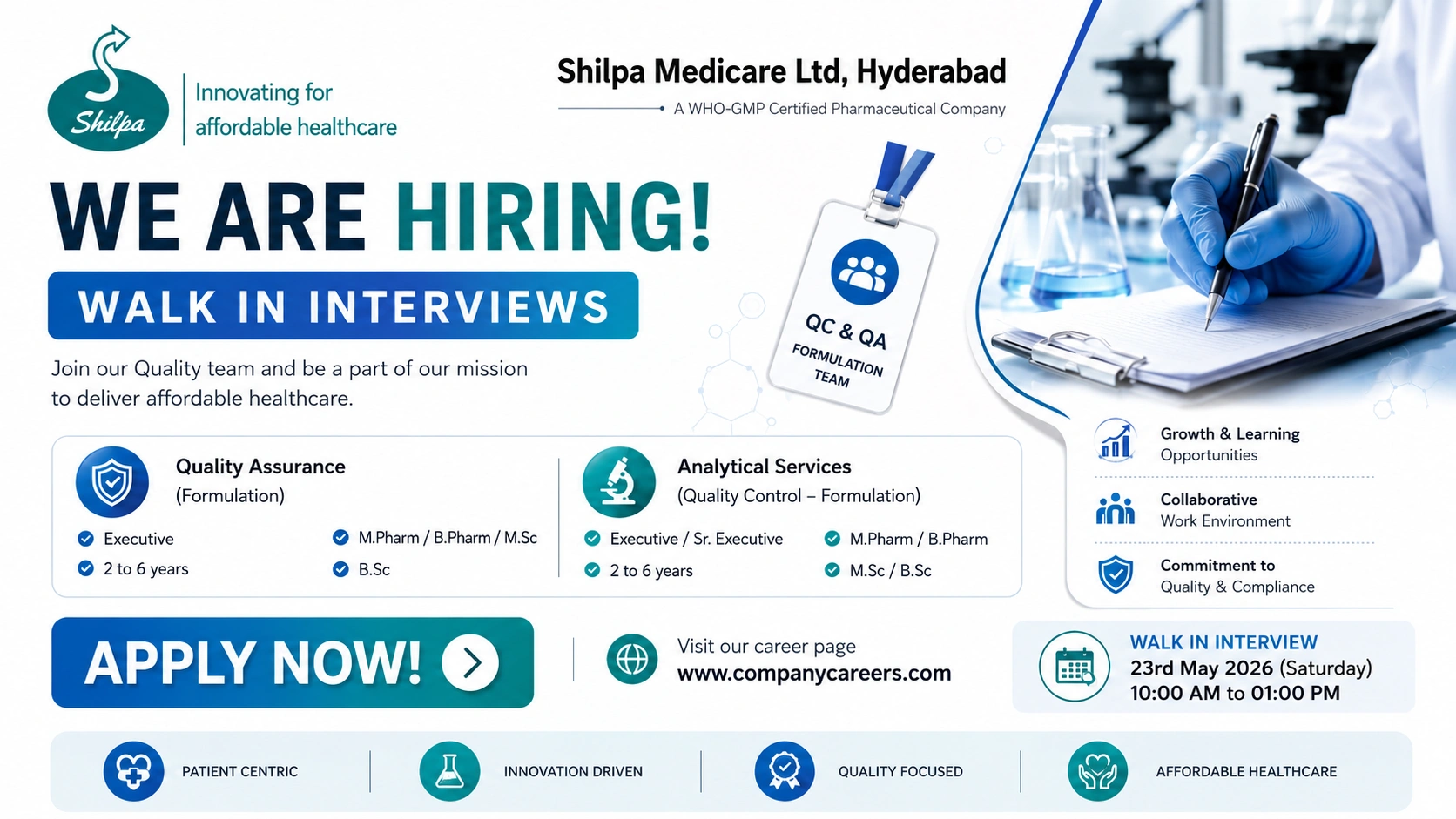 Shilpa Medicare Walk-In Interview for QA & QC Jobs in Hyderabad on 23 May 2026 (Saturday)