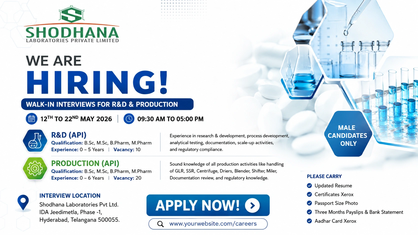 Shodhana Laboratories Walk-in Interview for R&D and Production Jobs | Pharma Jobs in Hyderabad on 12th May 2026 to 22nd May 2026