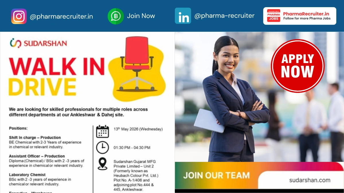 Sudarshan Walk-in Drive for Production, Laboratory & Warehouse Jobs at Ankleshwar 2026