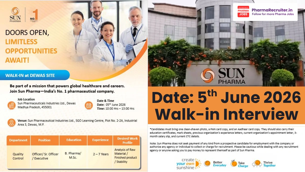 Sun Pharma Walk-in Interview 2026 – Quality Control Officer