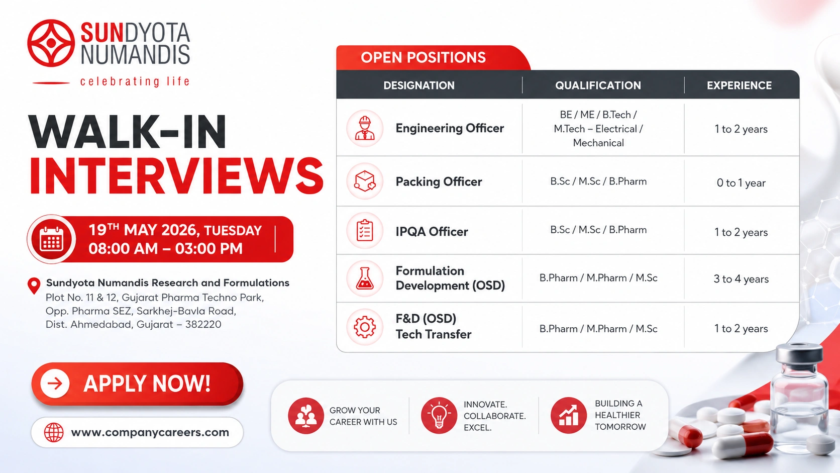 Sundyota Numandis Walk-In Interview for OSD Formulation Unit – Apply for Engineering, Packing, IPQA & F&D Roles on 19th May 2026 (Tuesday)