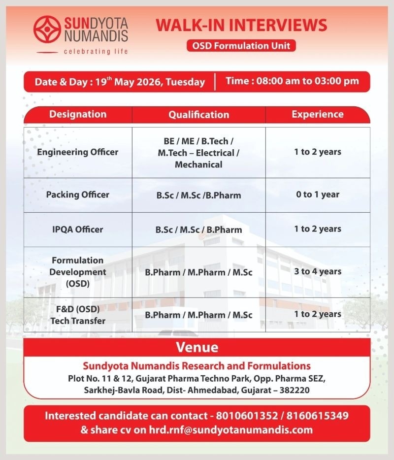 Sundyota Numandis Walk-In Interview for OSD Formulation Unit – Apply for Engineering, Packing, IPQA & F&D Roles on 19th May 2026 (Tuesday)