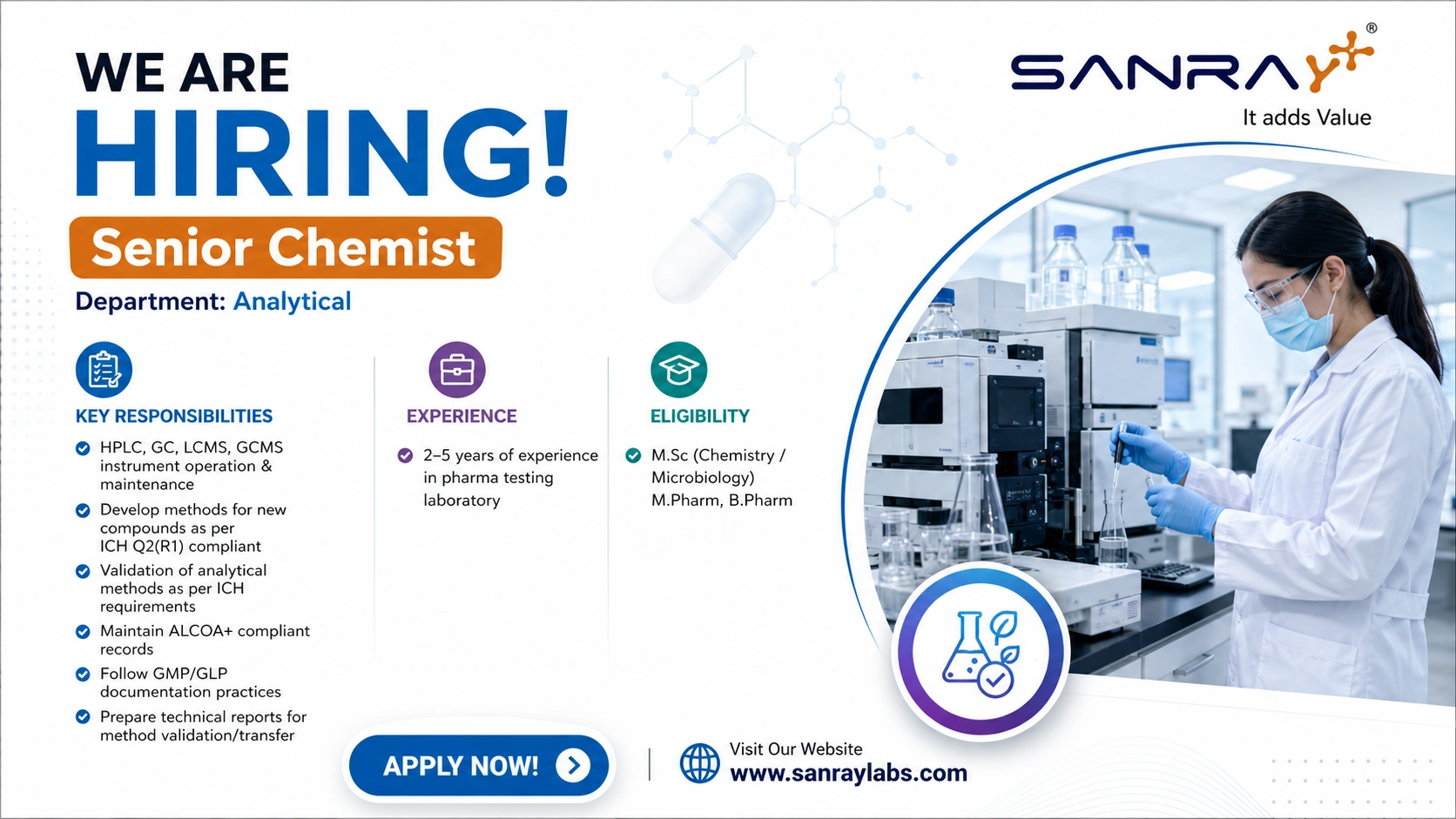 Senior Chemist – Analytical Jobs at SANRAY | Pharma Jobs in India