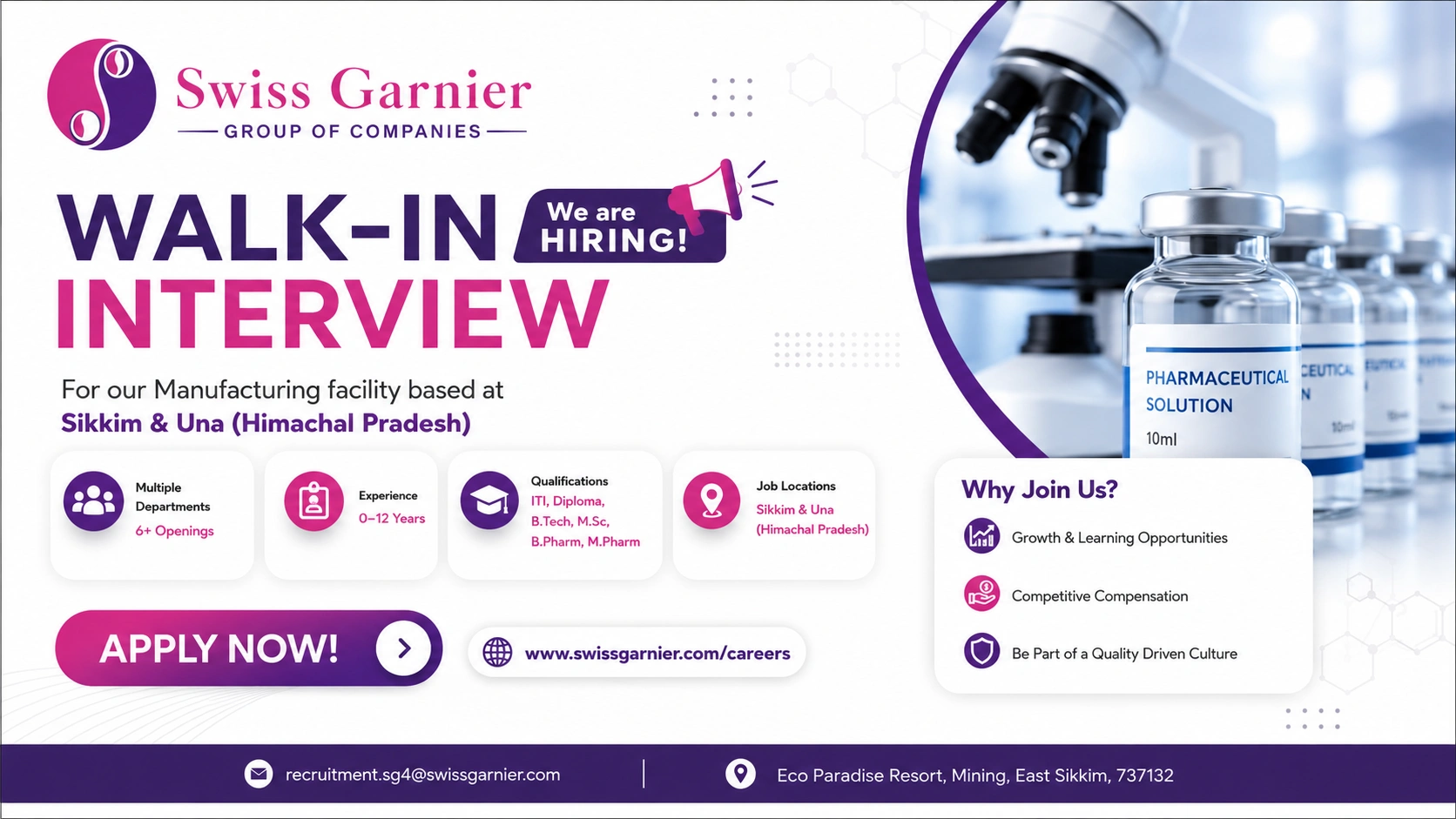 Swiss Garnier Group of Companies Walk-in Interview | Pharma Jobs in Sikkim & Himachal Pradesh on 24th May 2026