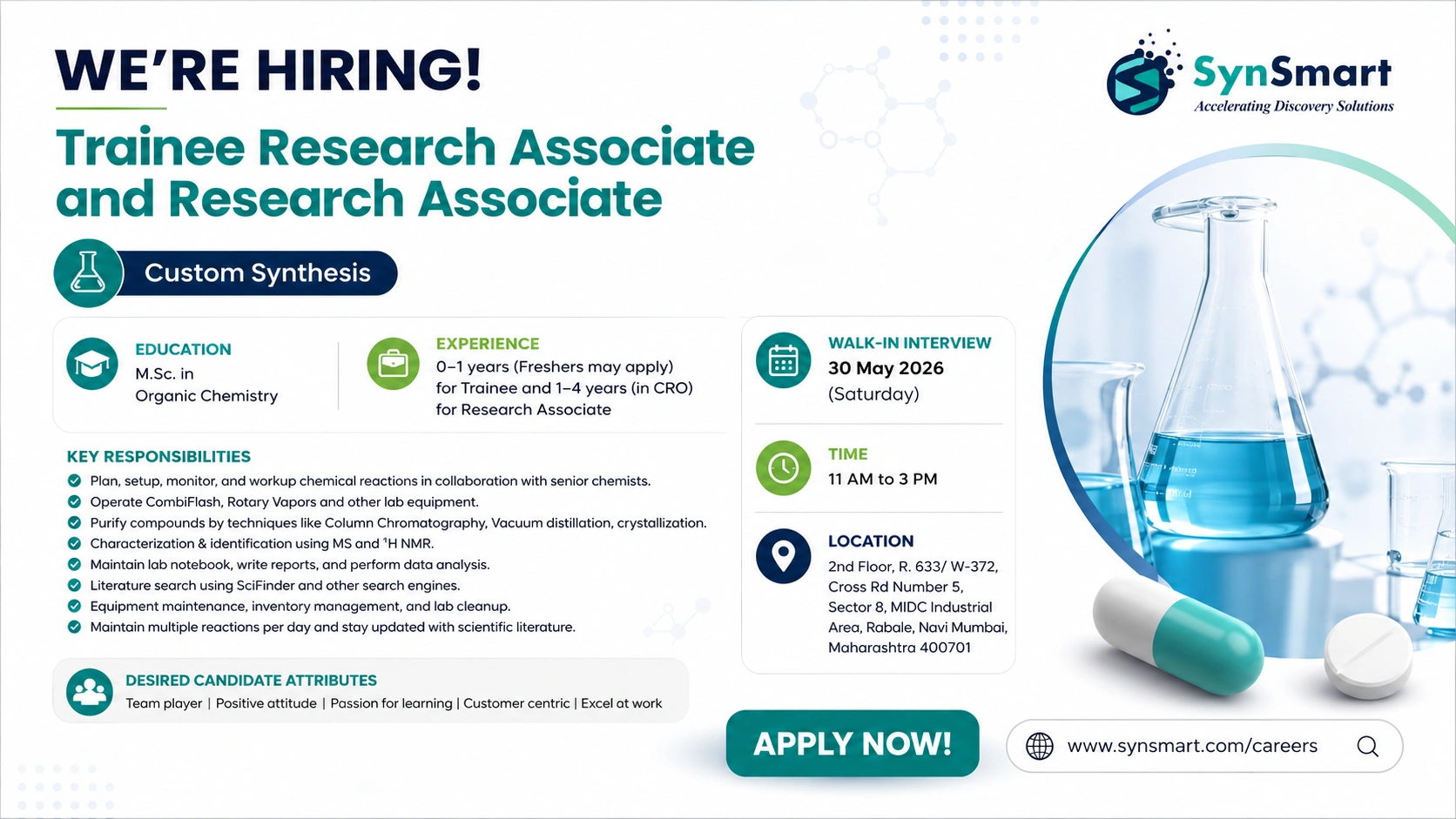 SynSmart Hiring Trainee Research Associate and Research Associate – Walk-In Interview on 30 May 2026 (Saturday)