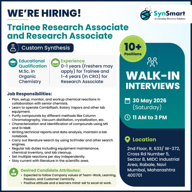 SynSmart Hiring Trainee Research Associate and Research Associate – Walk-In Interview on 30 May 2026 (Saturday)