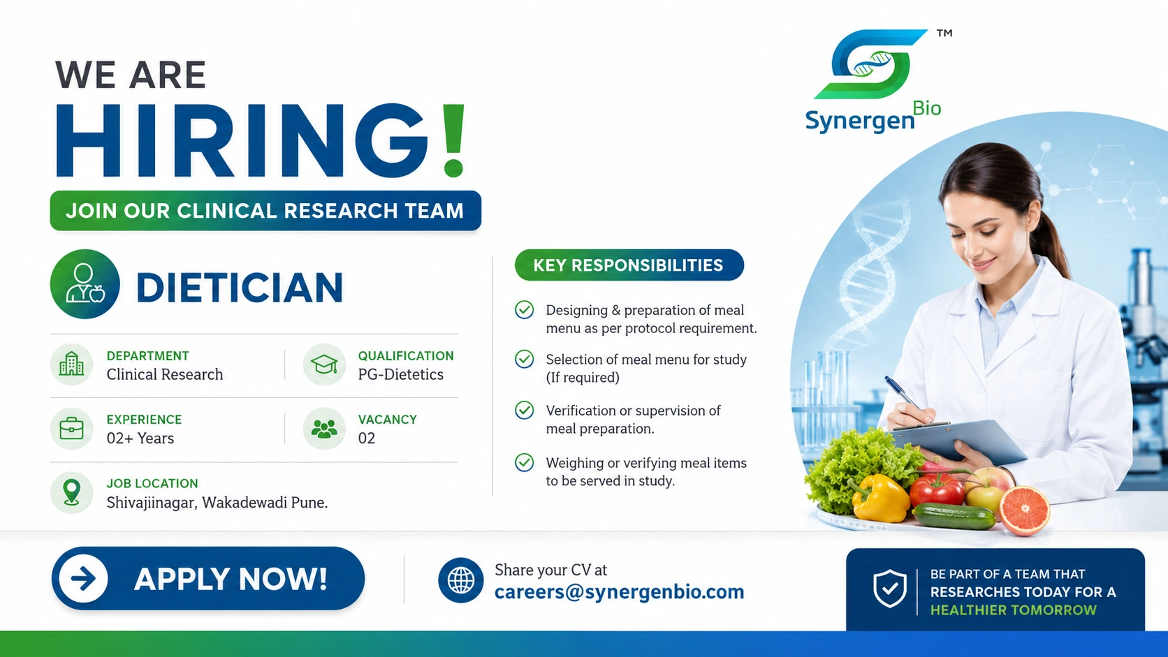 Synergen Bio Hiring Dietician for Clinical Research Department in Pune | Pharma Jobs