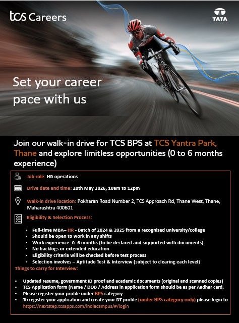 TCS BPS Walk-in Interview for HR Operations | Freshers MBA HR Jobs in Thane on 20th May 2026