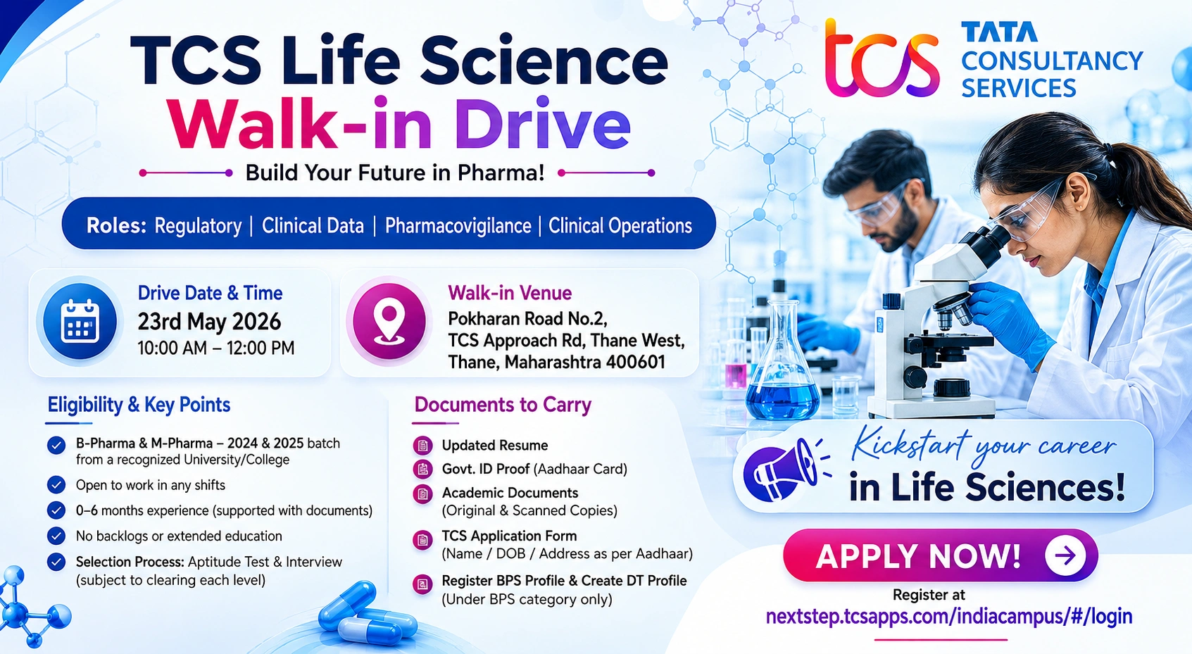 TCS Life Science Walk-In Drive for Freshers | Regulatory, Clinical Data & Pharmacovigilance Jobs on 23rd May 2026