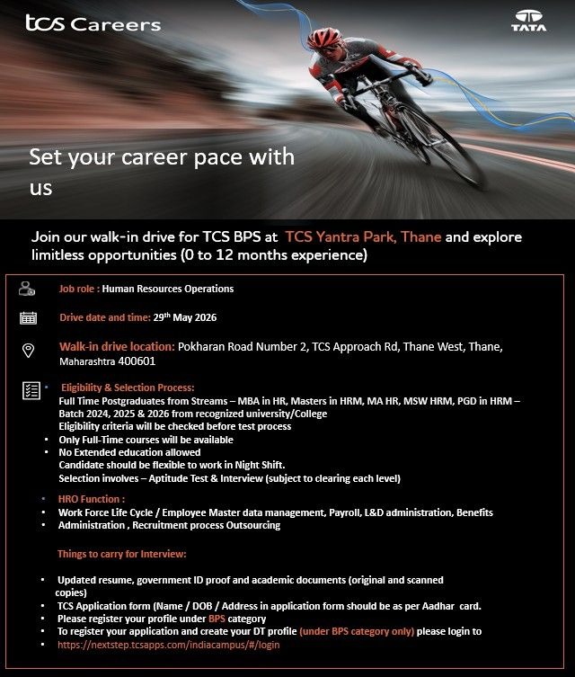 TCS BPS Walk-in Drive for HR Operations Freshers | Apply for Human Resources Jobs in Thane on 29th May 2026