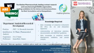 The Madras Pharmaceuticals Hiring Jr. Research Associate – Analytical Research & Development