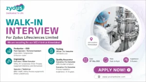 Walk-in Interview for Production, Engineering, Packing & QA Roles at Zydus Lifesciences Limited – Ahmedabad SEZ-II Unit on 10th May 2026