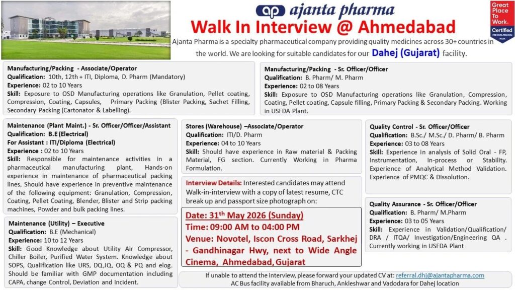 Ajanta Pharma is conducting a Walk-In Interview in Ahmedabad for various Production, Maintenance, QC, QA, and Stores positions at their USFDA-approved Dahej plant.