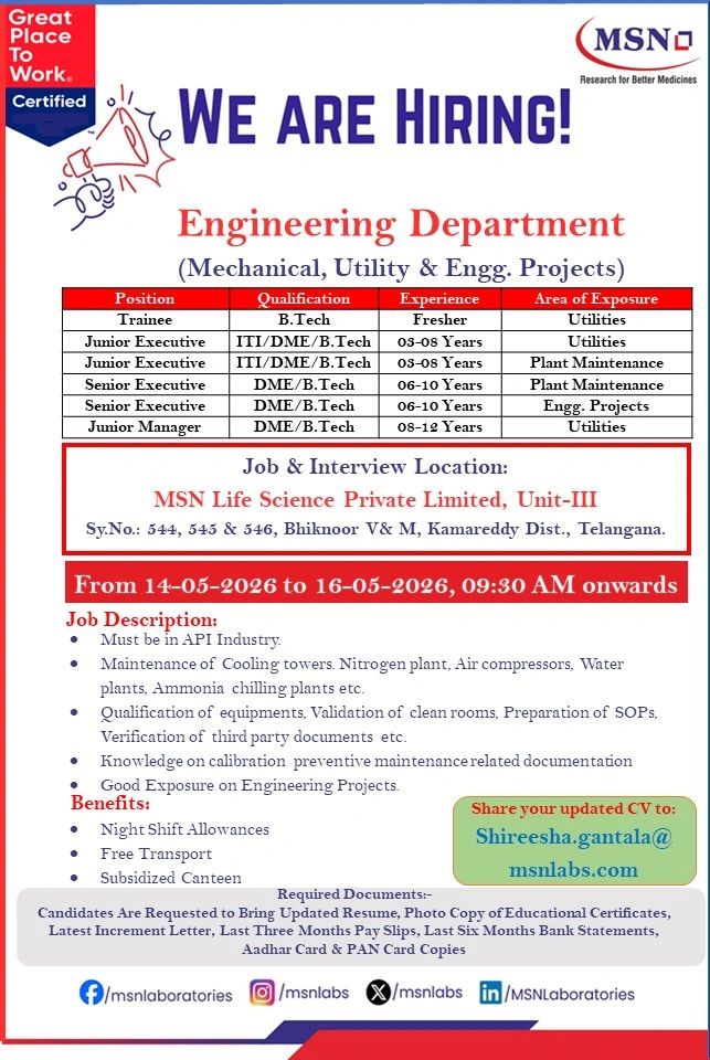 SN Laboratories is hiring for Engineering (Mechanical, Utility & Projects) and Research & Development (R&D) roles at its Unit-III facility in Bhiknoor.