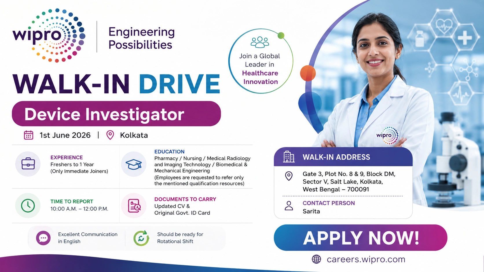 Medical Device Investigator Walk-in Interview in Kolkata | Freshers & Experienced Candidates Hiring on 1st June 2026