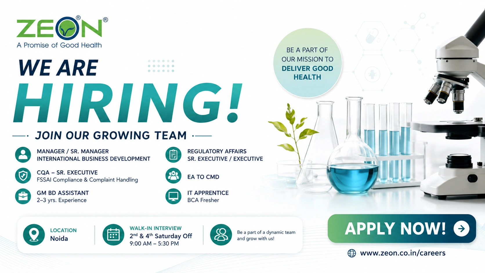 ZEON Hiring 2026: Apply for Business Development, Regulatory Affairs, QA & IT Jobs in Noida