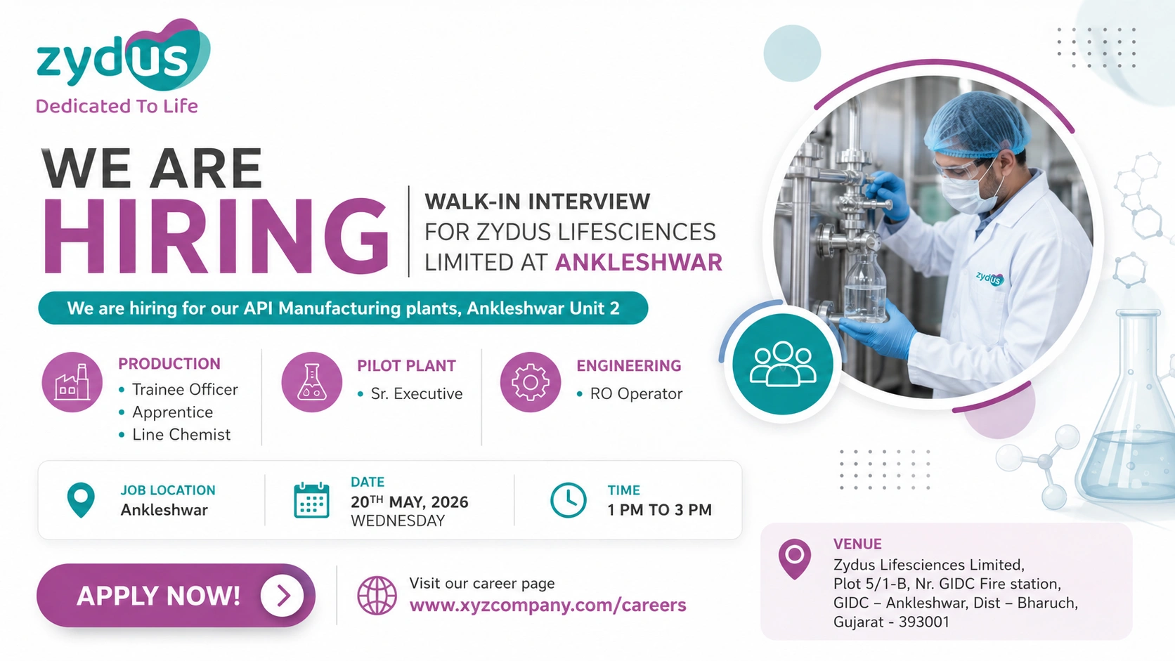 Zydus Lifesciences Walk-In Interview for API Manufacturing Plant at Ankleshwar on 20th May 2026 (Wednesday)