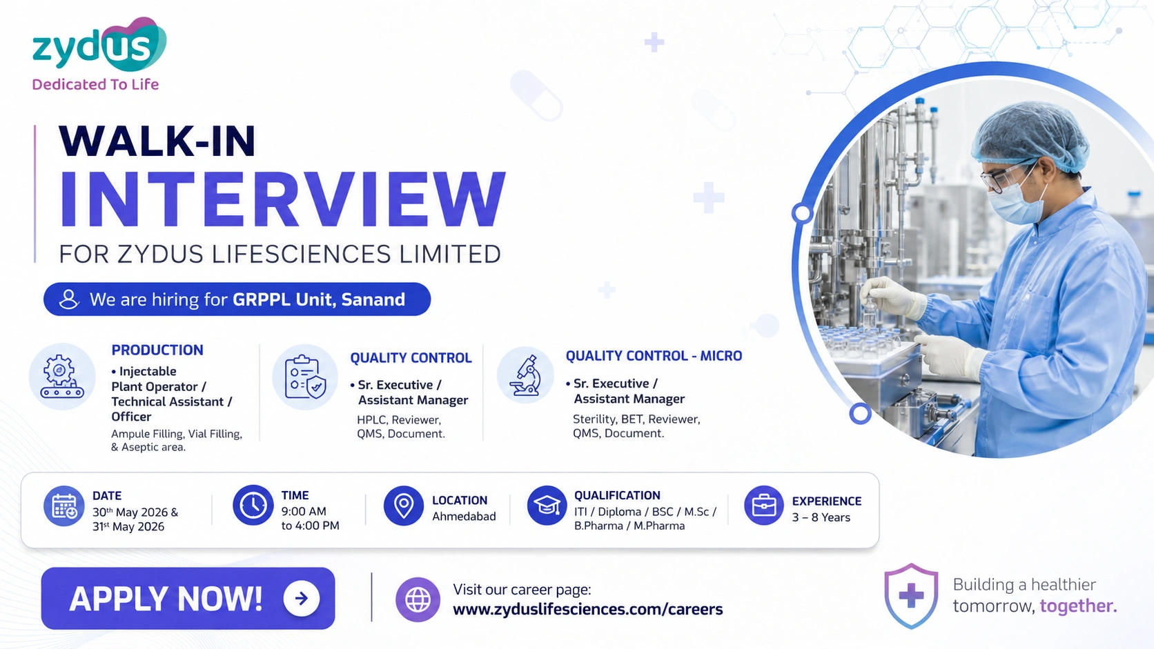 Zydus Lifesciences Walk-In Interview for Production & Quality Control Roles in Ahmedabad on 30th May 2026 & 31st May 2026