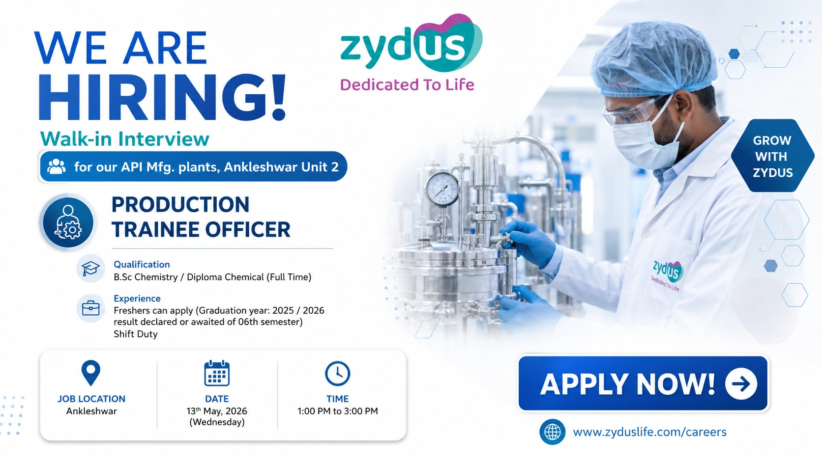 Walk-In Interview for Production Trainee Officer at Zydus Lifesciences Limited – API Manufacturing Plant, Ankleshwar on 13th May 2026 (Wednesday)