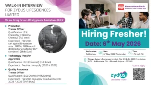 Zydus Lifesciences Walk-In Interview for Freshers on 6th May 2026
