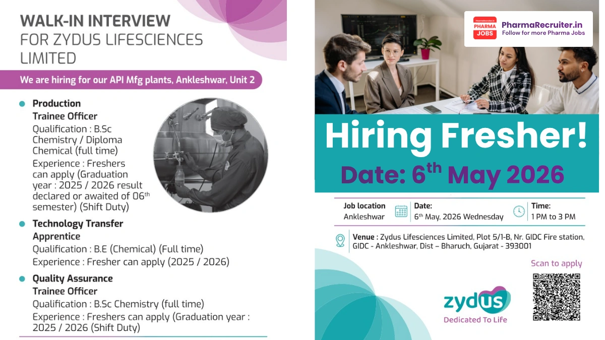 Zydus Lifesciences Walk-In Interview for Freshers on 6th May 2026