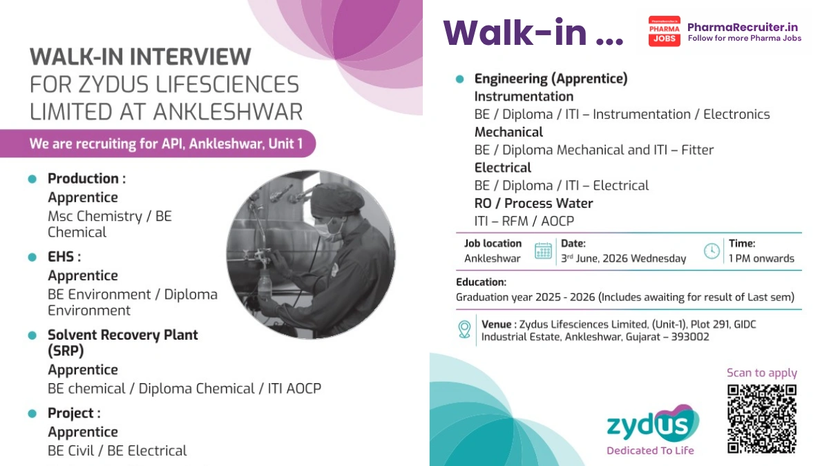 Zydus Lifesciences Walk-in Interview Ankleshwar on 3rd June 2026