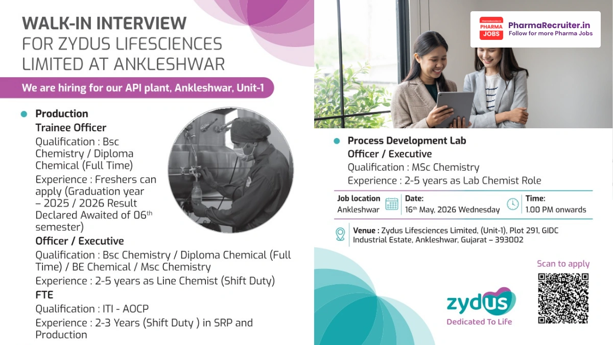 Zydus Lifesciences Walk-in Interview for Production & Process Development