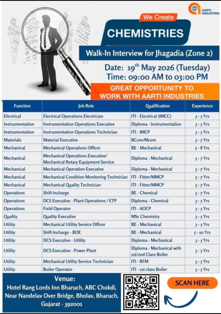 Aarti Industries Walk-In Interview for Chemical, Mechanical, Electrical & Quality Roles in Gujarat on 19th May 2026 (Tuesday)