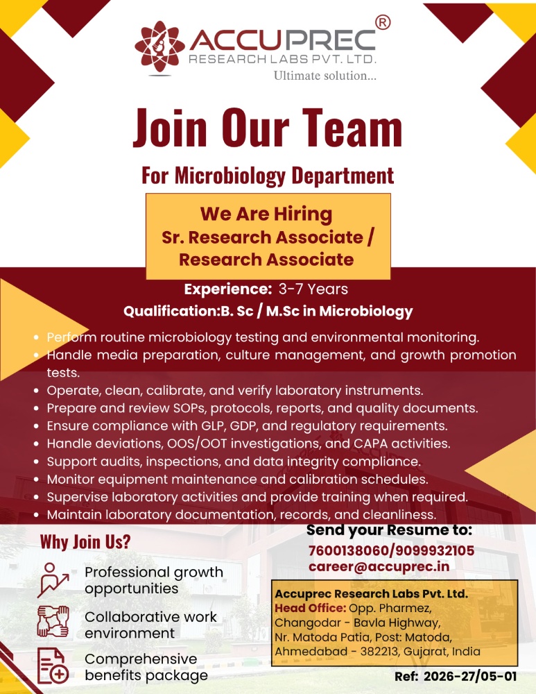 Accuprec Research Labs Hiring Microbiology Professionals | Pharma Jobs in Ahmedabad