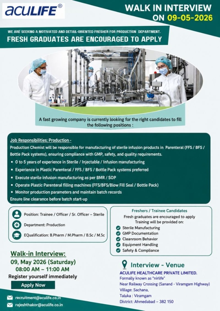 AcuLIFE Walk-In Interview for Production Jobs | Pharma Careers in India on 09 May 2026 (Saturday)