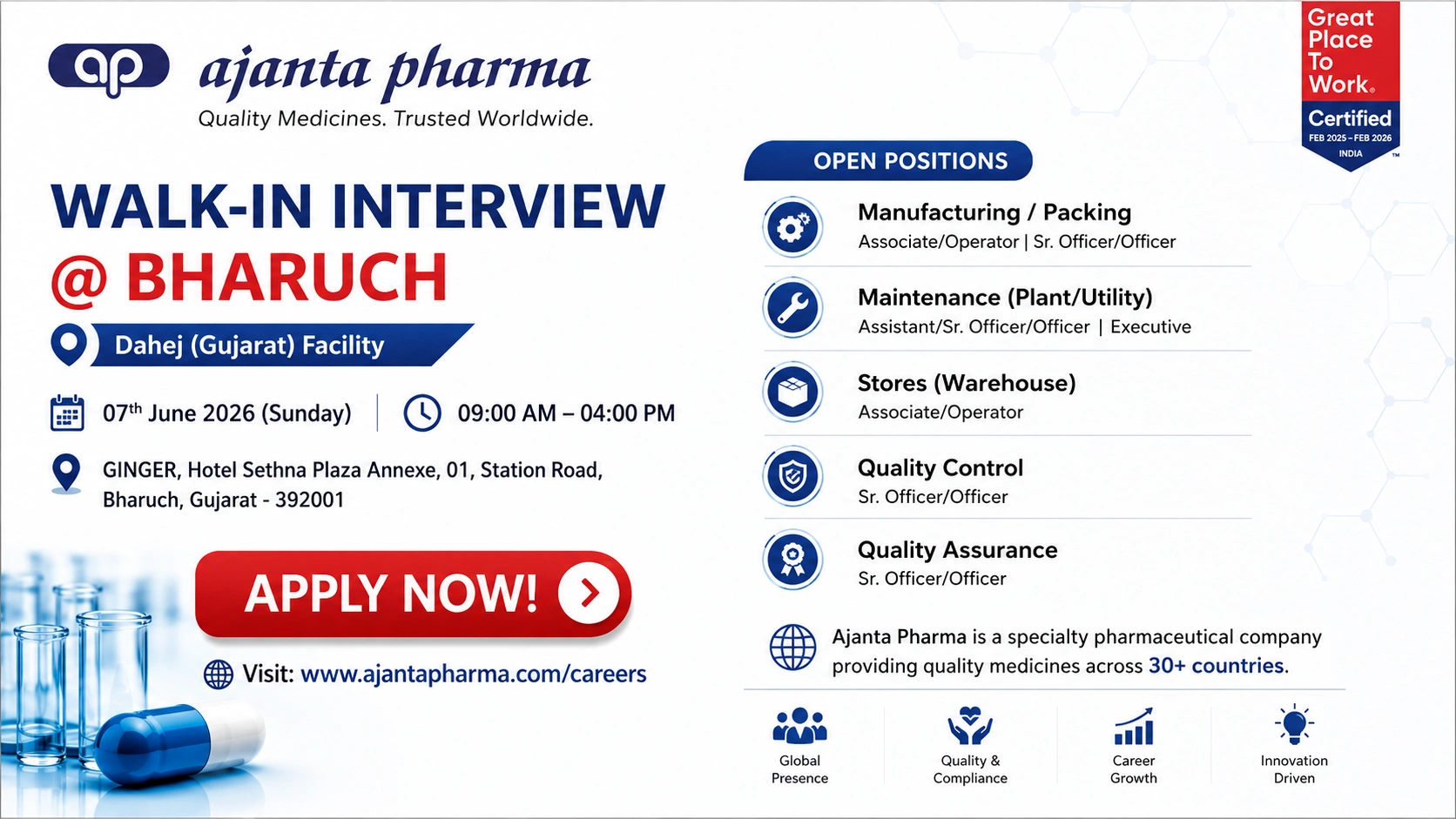 Ajanta Pharma Walk-In Interview for Manufacturing, QA, QC, Packing & Maintenance Roles at Dahej, Gujarat on 07 June 2026 (Sunday)