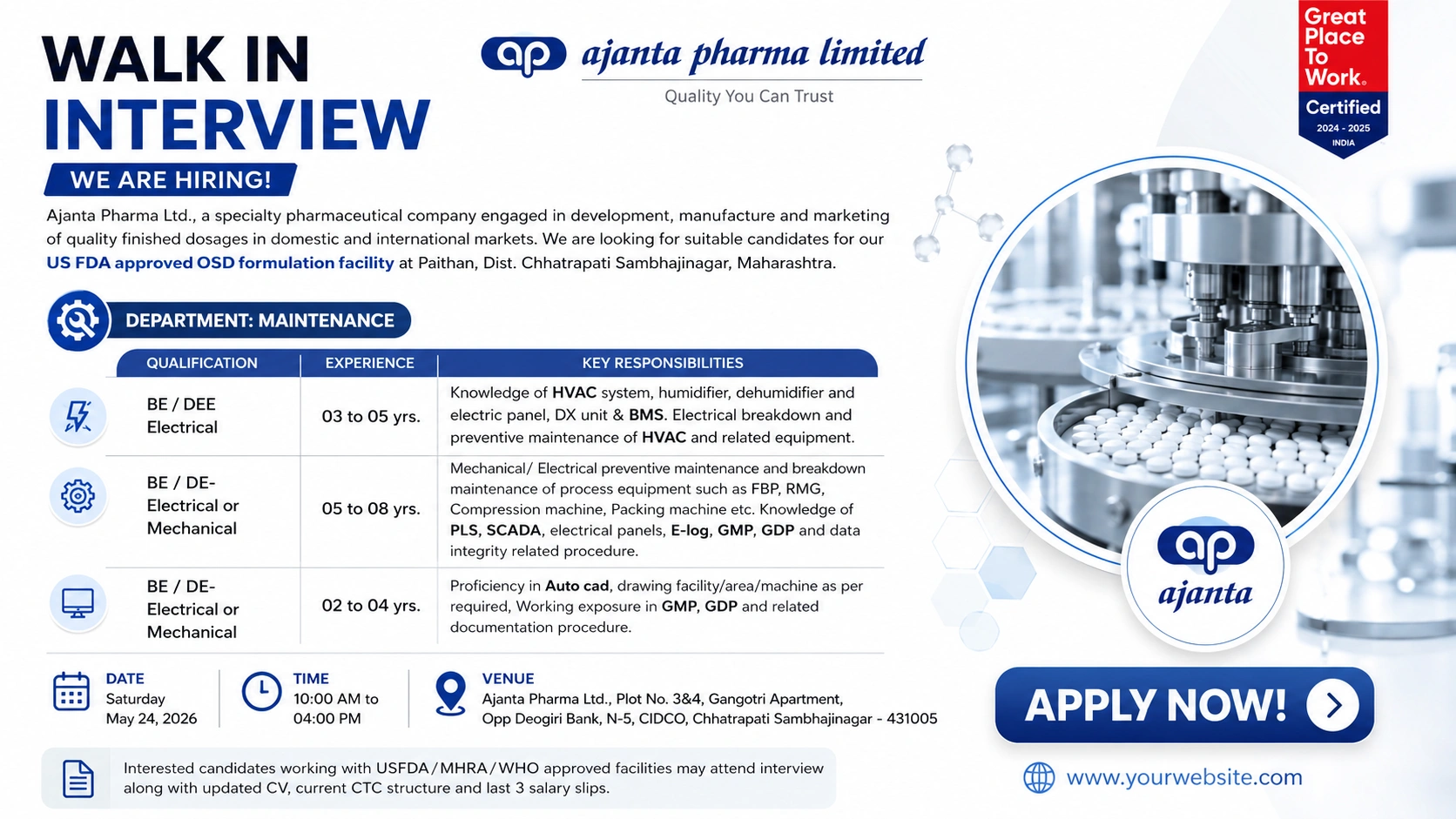 Walk-In Interview at Ajanta Pharma Ltd. for Maintenance Department – Pharma Jobs in Maharashtra on Saturday, May 24, 2026