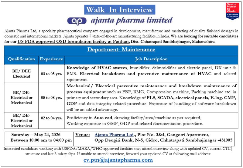 Walk-In Interview at Ajanta Pharma Ltd. for Maintenance Department – Pharma Jobs in Maharashtra on Saturday, May 24, 2026