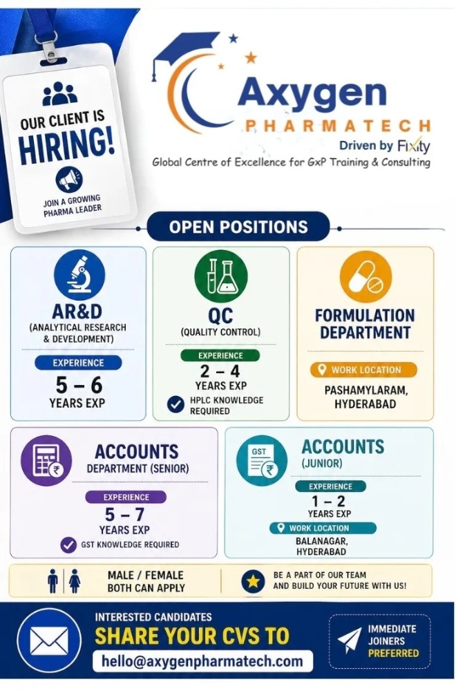 Axygen Pharmatech Hiring: QC, AR&D, Formulation & Accounts Jobs in Hyderabad