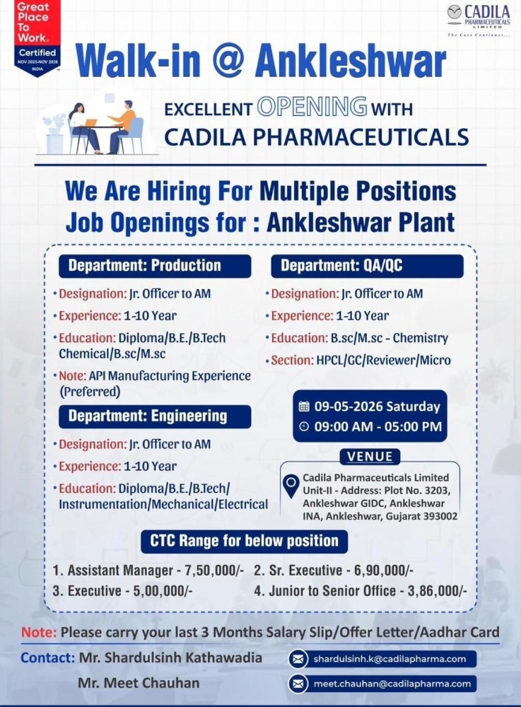Cadila Pharmaceuticals Walk-in Interview | Pharma Jobs in Ankleshwar on 09 May 2026 (Saturday)