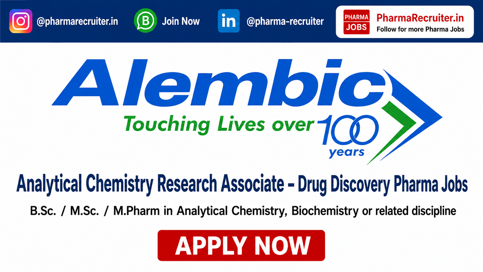 B.Sc. / M.Sc. / M.Pharm in Analytical Chemistry, Biochemistry or related discipline