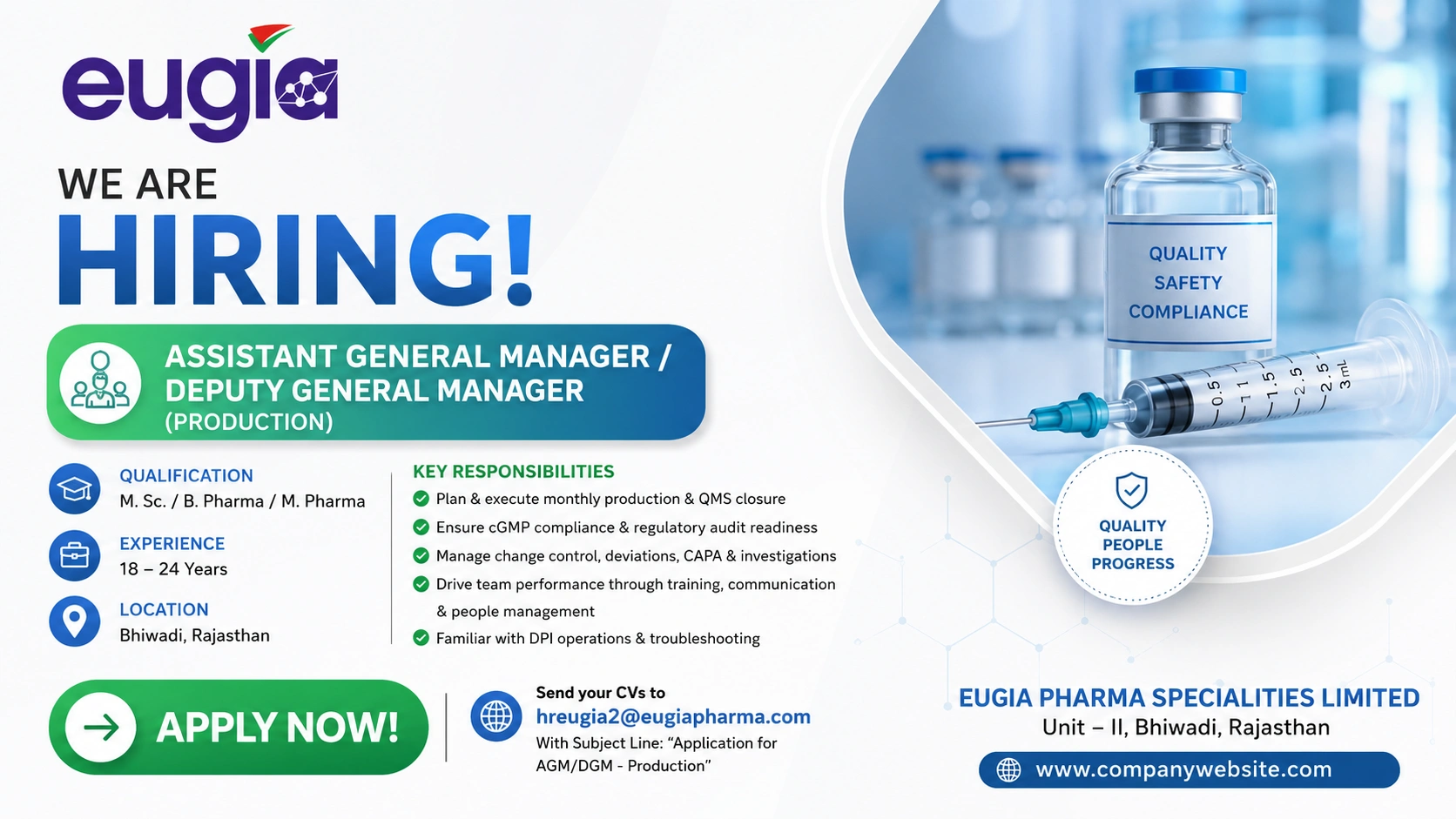 Assistant General Manager / Deputy General Manager Production Jobs at Eugia Pharma Specialities Limited – Apply Now