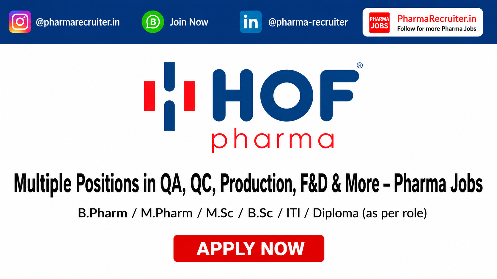 B.Pharm / M.Pharm / M.Sc / B.Sc / ITI / Diploma (as per role)