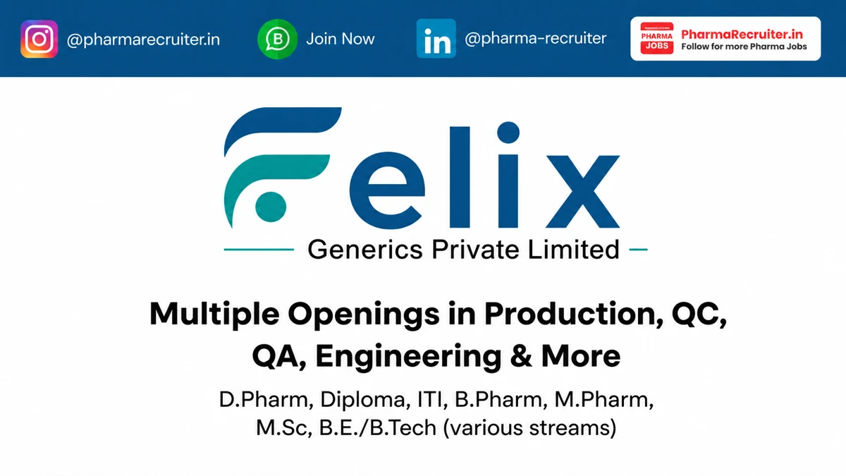 D.Pharm, Diploma, ITI, B.Pharm, M.Pharm, M.Sc, B.E./B.Tech (various streams)