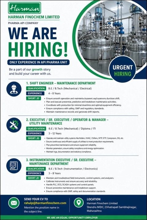 Harman Finochem Limited Hiring – Pharma API Jobs for Engineers & Executives