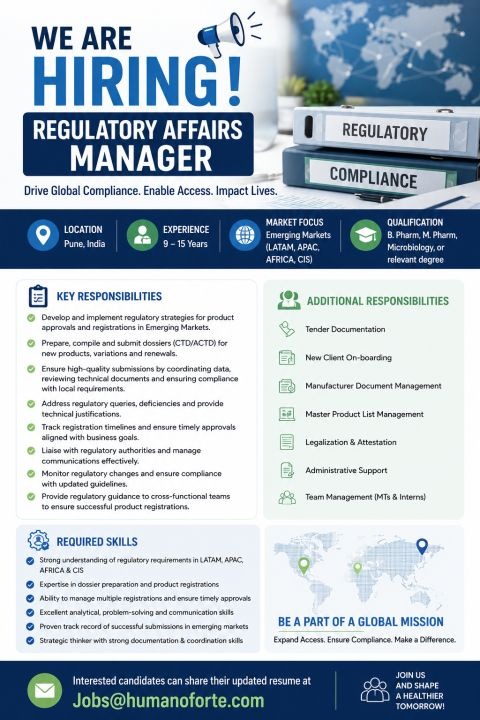 Regulatory Affairs Manager Jobs in Pune | Emerging Markets Pharma Careers 2026
