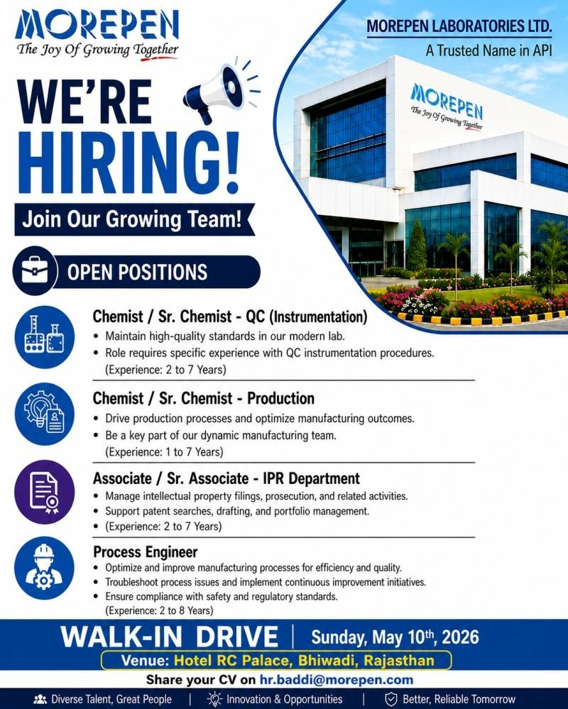 This walk-in drive offers multiple roles for candidates looking to build a career with a growing API and formulations manufacturer.