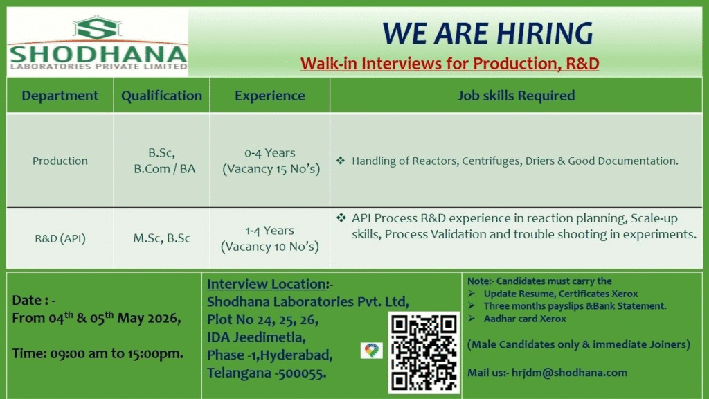 Shodhana Laboratories Private Limited is conducting walk-in interviews for Production jobs and R&D (API) positions at its Hyderabad facility.